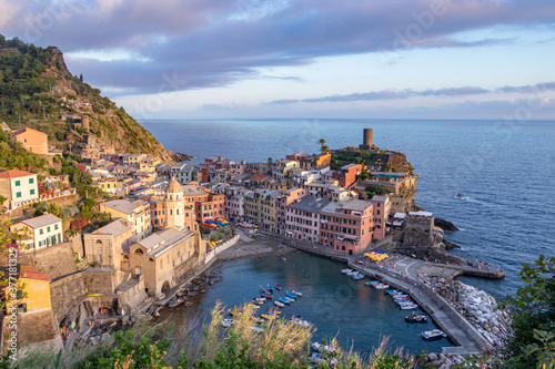 the charming port of Manarola during the sunset