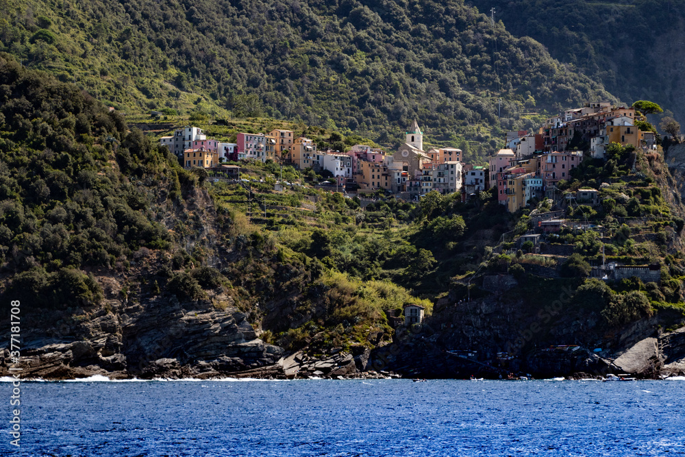 Corniglia view from the sea, Liguria, Italy