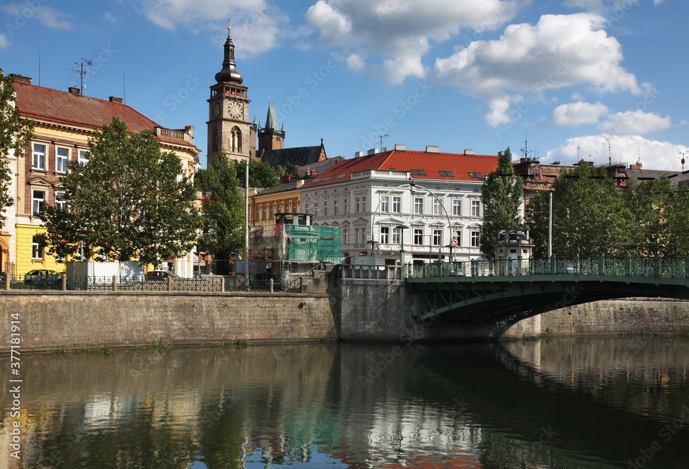 White tower and bridge over Elbe river in Hradec Kralove. Czech Republic