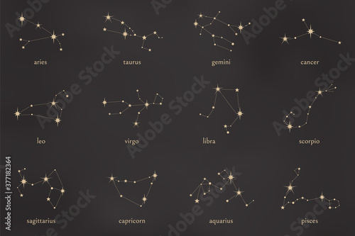 Set of zodiac constellations. Aries, taurus, gemini, cancer, leo, virgo, libra, scorpio, sagittarius, capricorn, aquarius, pisces constellations collection isolated on black. Vector illustration