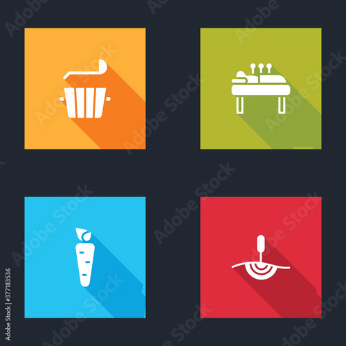 Set Sauna bucket and ladle, Acupuncture therapy, Carrot and icon. Vector.