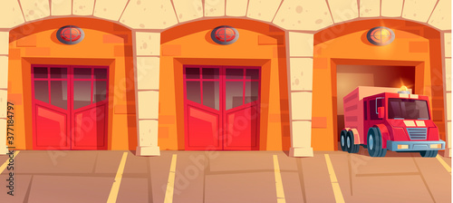 Red truck leaving fire station garage box. Car with signaling driving on emergency call from firehouse. Municipal city service, department hangars with close and open doors Cartoon vector illustration