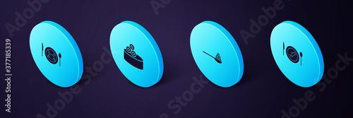 Set Isometric Served fish on a plate, Caviar spoon, Tin can with caviar and crab icon. Vector.