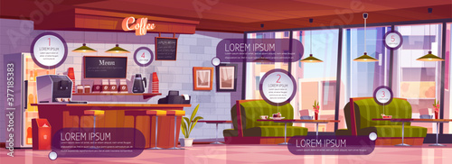 Coffee shop interior with infographic elements. Vector cartoon illustration of empty cafe with wooden counter, stools, sofas and tables. Coffee bar with icons and information banners