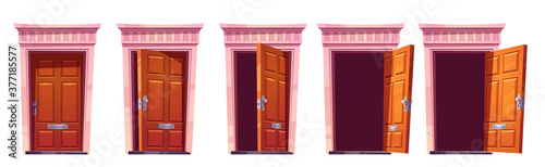 Opening wooden front door with stone frame isolated on white background. Vector cartoon set of house entrance, brown closed, ajar and open doors. Illustration for sprite animation or 2d game