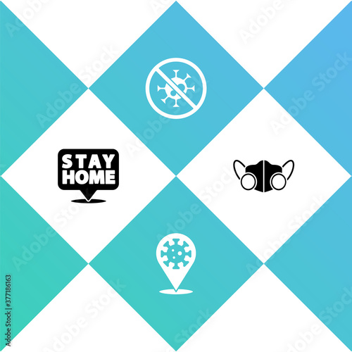 Set Stay home, Corona virus 2019-nCoV on location, Stop and Medical protective mask icon. Vector.