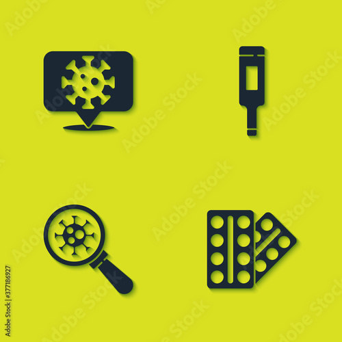 Set Corona virus on location, Pills in blister pack, Virus under magnifying glass and Medical thermometer icon. Vector.