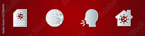 Set Clipboard with blood test results, Earth medical mask, Man coughing and Stay home icon. Vector.