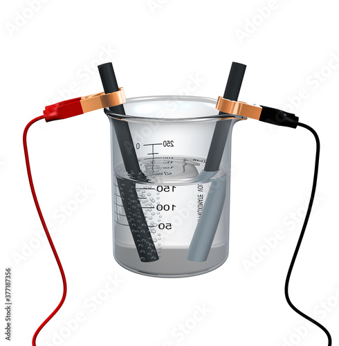 Electrolysis of zinc nitrate solution showing gas bubbles liberated from an electrode and formation of a grey solid deposit on another electrode. Isolated on white. 3D illustration.