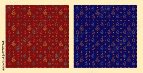 Set of two seamless paisley patterns on red and blue background. Each pattern on its independent layer. Pattern swatches are included in the EPS10 file.
