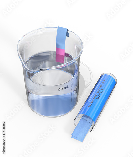 Blue litmus paper dipped into an acid in a beaker, isolated on white. 3D illustration. photo