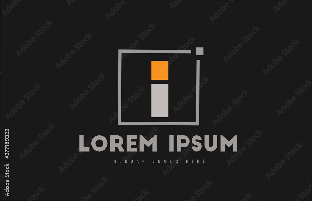 I alphabet letter logo icon in orange grey black. Dot square design for company and business identity