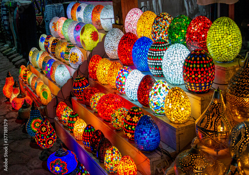 Egyptian mosaic egg shaped lamps.Arabian egg-shaped unique lamps in stock souvenir shop.