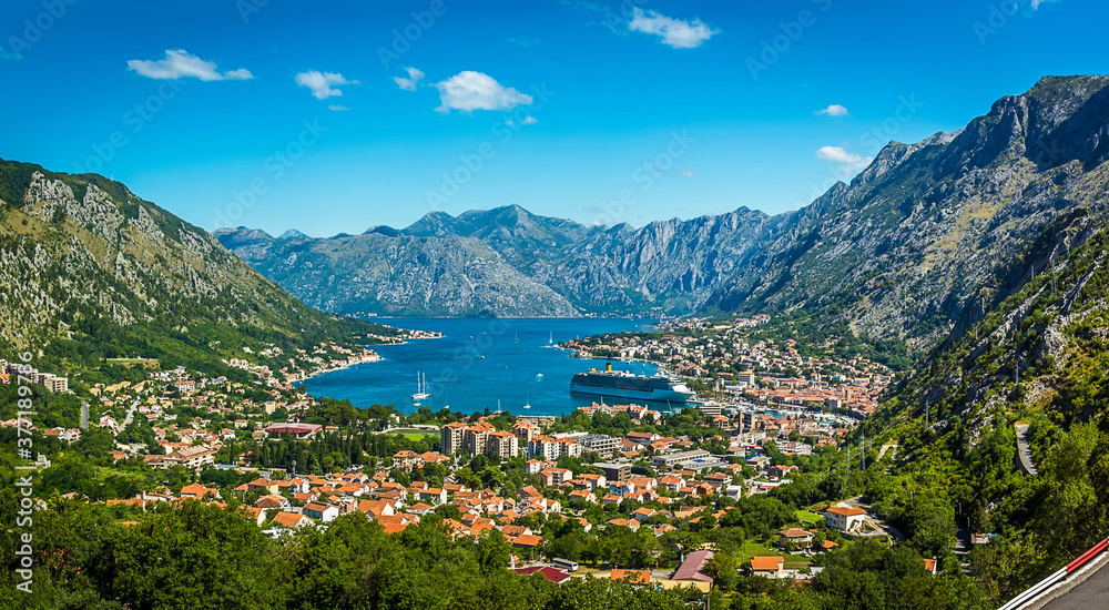 Panoramic view from Tivat to Kotor, Montenegro in the summertime