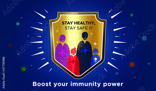Immunity strength, Power, Strong immunity system, Family immunity boost concept against Coronavirus Covid-19 pandemic with shield. How to boost immunity, Ayurvedic booster