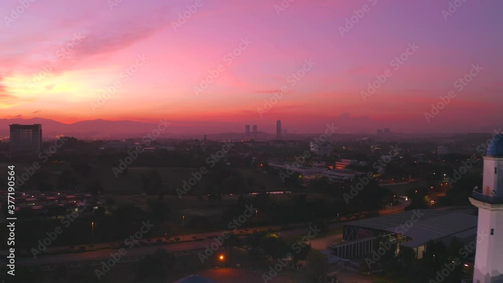 4k : A sunrise scene of local muslim mosque taken via drone during a lockdown from Malaysia. 4k : A sunrise scene of local muslim mosque taken via drone during a lockdown from Malaysia.