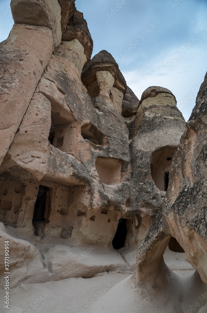 Residential Multi Head stone mushrooms at the Valley of the Monks (Pasabag Valley). Cappadocia, Turkey