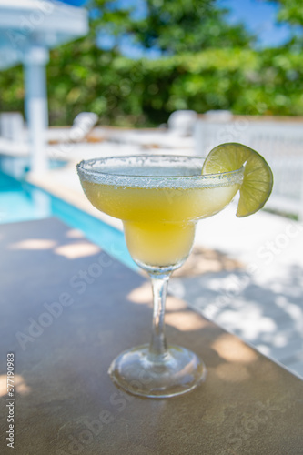 Frozen Margarita on table outdoors with beautiful background