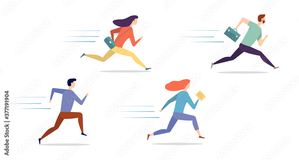 Set of vector running people in cartoon style. Flat characters run fast, competition