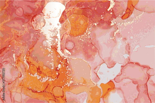 Pink and gold marble abstract background. Alcohol ink oriental technique. Vector art, Flow paint in natural colors with glitter. Template for banner, poster, invitation.