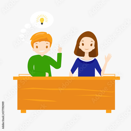 Children are sitting at a desk and happy back to school. The pupils are smiling. Boy and Girl hold hands up. The boy has a lamp on a head. Vector illustration. Concept of pupils.