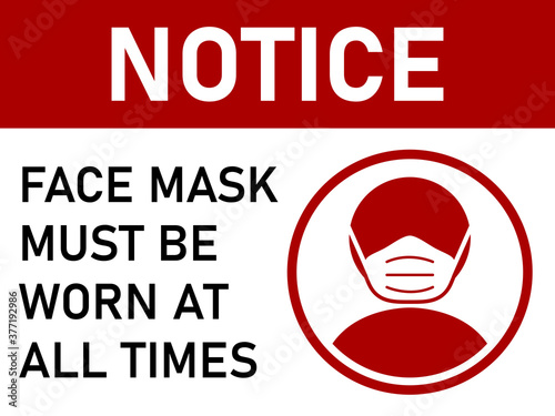 Notice Face Mask Must Be Worn at All Times Horizontal Warning Poster Sign against the Spread of Coronavirus with an Aspect Ratio of 4:3. Vector Image.