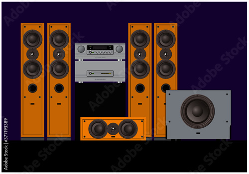 Sound shop. Quality components for quality sound. Acoustic system, amplifier, receiver, subwoofer, home theatre. Vector drawing for illustrations.