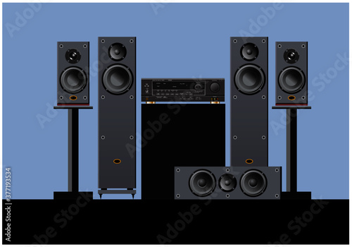 Sound shop. Quality components for quality sound. Acoustic system, amplifier, receiver, subwoofer, home theatre. Vector drawing for illustrations.
