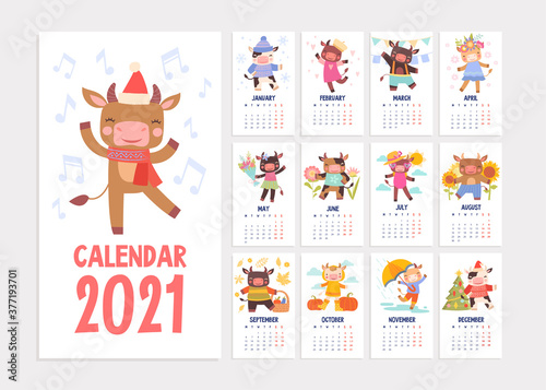 Cute 2021 calendar template with cartoon animals laughing and dancing in a twelve month format, colored vector illustration