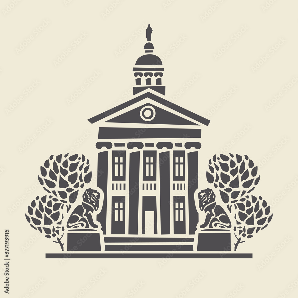 Icon or stencil of a stylized old two-storey building with columns, trees and two sculptures of lions. Decorative vector illustration in flat style, isolated on a light background