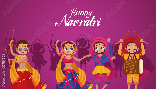 happy navratri celebration lettering with dancers and man playing drum