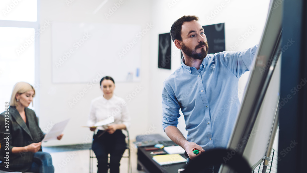 Focused busy man using white board at modern office Focused busy man using white board at modern office