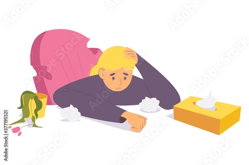 Depressed woman crying with paper tissue and dead flower. Vector character on broken chair. Mental problems illustration