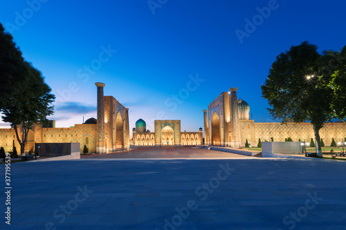 Registan Square at the twilight in Samarkand, Uzbekistan