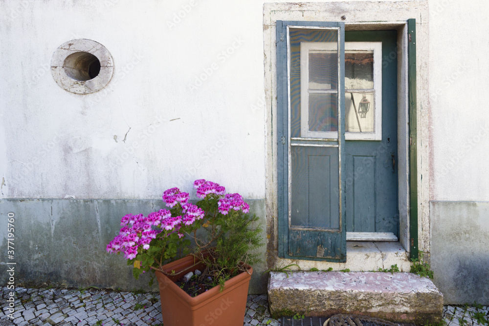 door, flowers and panel of azulejos sur un mur d'une maison de Setubal, Portugal