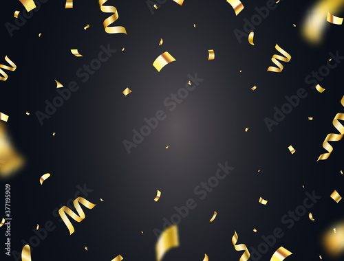 Gold confetti frame on dark background. Falling glowing gold confetti frame. Bright golden festive tinsel. Party backdrop. Holiday design elements for web banner, poster, flyer. Vector illustration