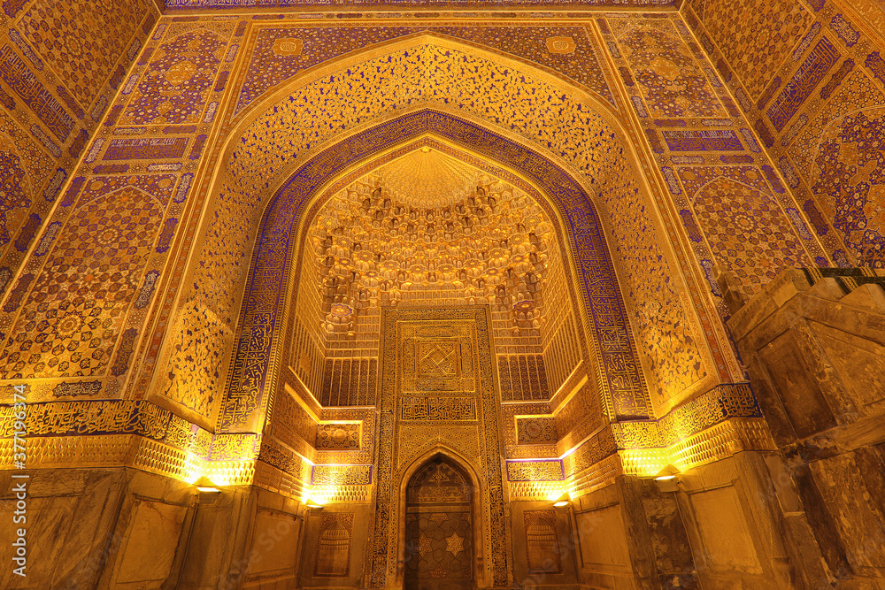 Interior of Tilya Kori Mosque and Madrassa located in Registan Square, in Samarkand, Uzbekistan