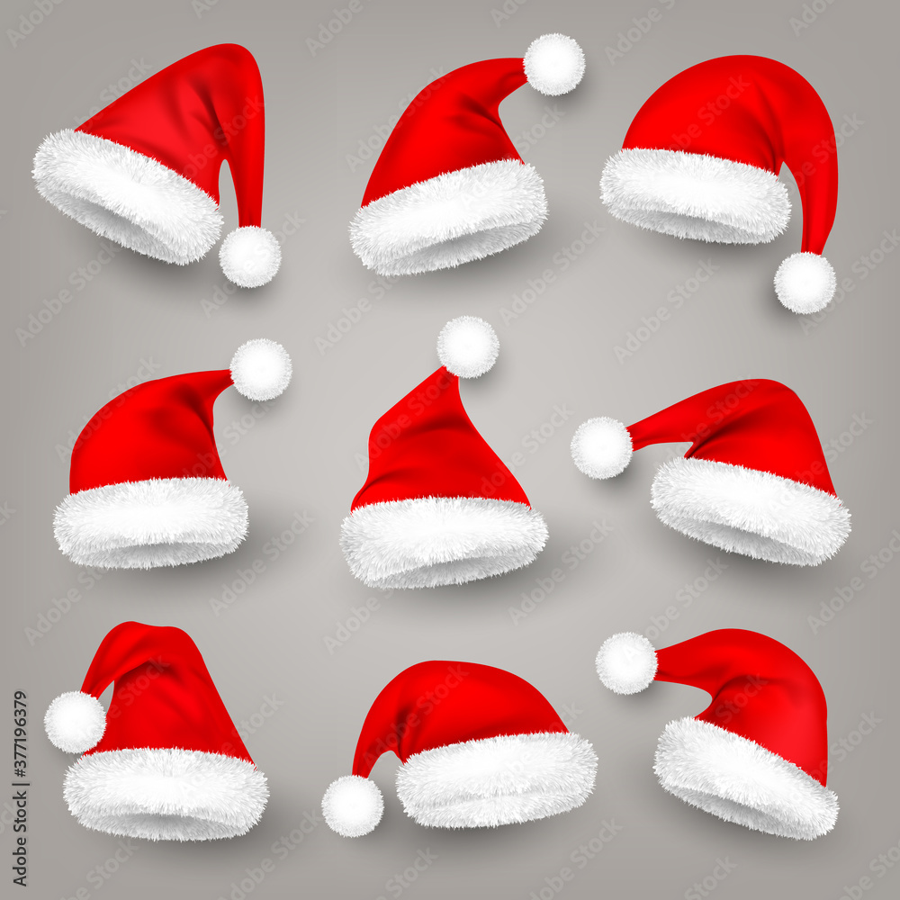Christmas Santa Claus hats with fur. New Year red hat. Winter cap. Vector illustration. Christmas Santa Claus hats with fur. New Year red hat. Winter cap. Vector illustration.