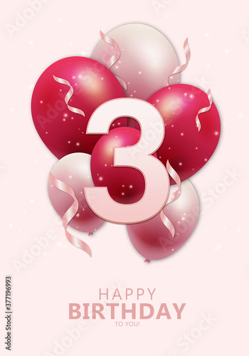 Happy 3rd birthday with realistic red and rosegold balloons on light rose background. Set for Birthday, Anniversary, Celebration Party. Vector stock.
