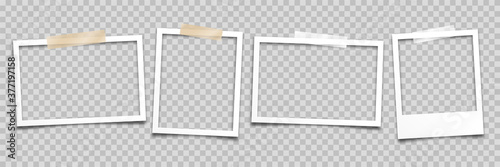 Realistic empty photo card frame, film set. Retro vintage photograph with transparent adhesive tape. Digital snapshot image. Template or mockup for design. Vector illustration.