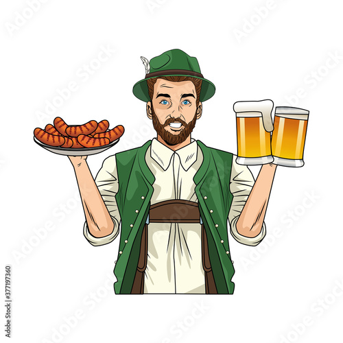 german man wearing tyrolean suit with sausages and beers
