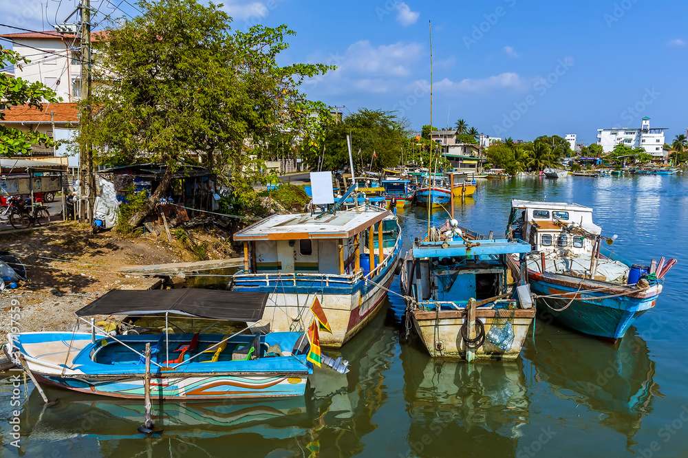 Brightly coloured fishing vessels line the shore of the lagoon in Negombo, Sri Lanka