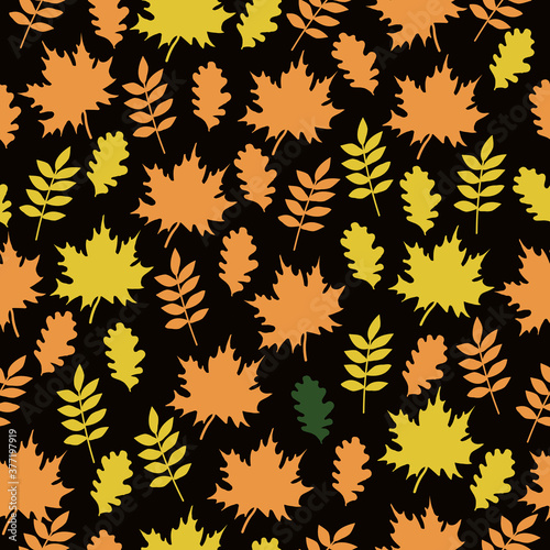 autumn pattern. black background, orange autumn leaves