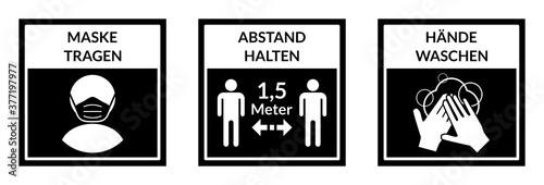 Square Warning Signs in German Showing a Basic Set of Measures against the Spread of Covid-19 including Wear a Face Mask, Keep Your Distance 1,5 Meters and Wash Your Hands. Vector Image.