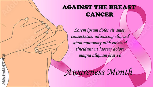 
Ilustración de vector de conciencia de cáncer de mama, mujer revisando su pecho, cinta rosa en el lado derecho y texto contra el cáncer de mama