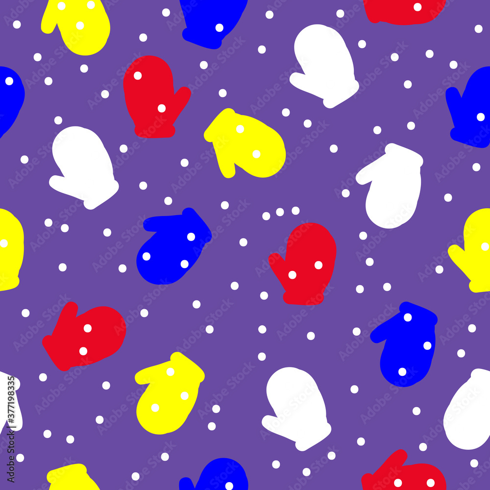 Christmas pattern. Colorful bright mittens, snow, lilac background. Winter. Good for postcards, packaging, banner. Simple seamless pattern. Christmas pattern. Colorful bright mittens, snow, lilac background. Winter. Good for postcards, packaging, banner. Simple seamless pattern.