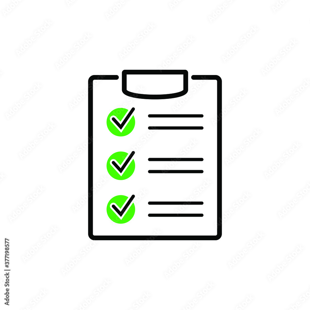 Clipboard with checklist icon for web with green check boxes isolated on white background. Clipboard with checklist icon for web with green check boxes isolated on white background.
