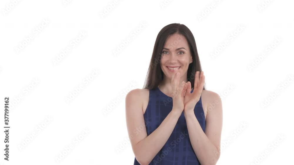 Glad Caucasian woman tapping her fingers together on both hand in anticipation something pleasant. Body language and humans emotions concept. Isolated on white background Glad Caucasian woman tapping her fingers together on both hand in anticipation something pleasant. Body language and humans emotions concept. Isolated on white background