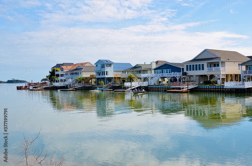 Scenic river view and waterfront houses, cross the Heritage Shores Nature Preserve, in North Myrtle Beach, South Carolina, USA