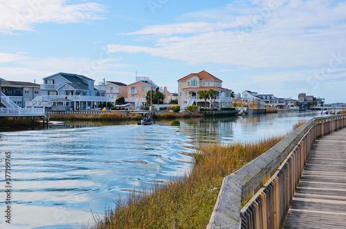Scenic river view and waterfront houses, cross the Heritage Shores Nature Preserve, in North Myrtle Beach, South Carolina, USA